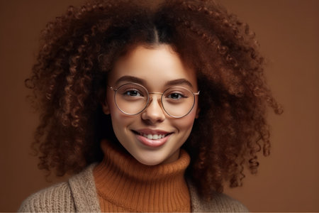 portrait of charismatic and charming young african woman with curly hair wearing sylish spectaclesの素材