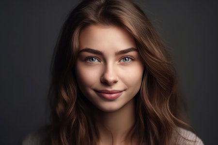 portrait of beautiful smiling 30 years woman isolated on grey background close up copy space bannerの素材