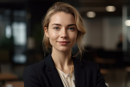 portrait of confident smiling attractive female team leader in formal dress standing in modern workの素材