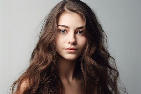 portrait of beautiful young woman with long hair isolated white backgroundの素材