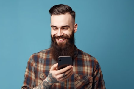 portrait of cheerful brunette student man with beard using cellphone and smiling reading good newsの素材