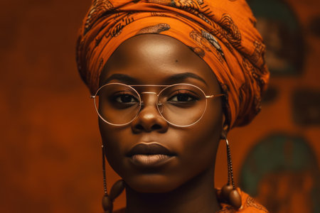 portrait of black woman with eyeglasses wearing african headwrap against orange backgroundの素材