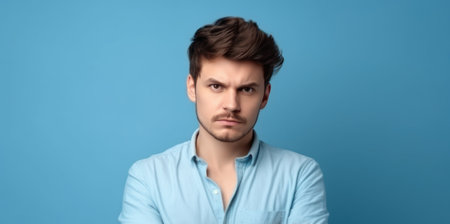 portrait of calm concentrated person crossed arms posing isolated on blue color backgroundの素材