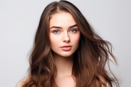 portrait of beautiful young woman with long hair isolated white backgroundの素材