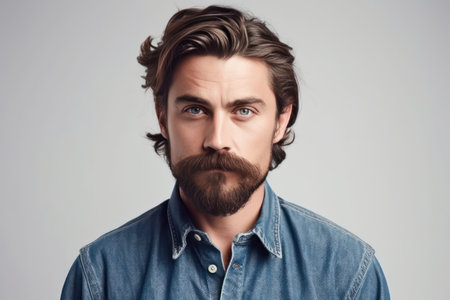 portrait of confident serious male model has black beard and mustache dressed in casual denim shirtの素材