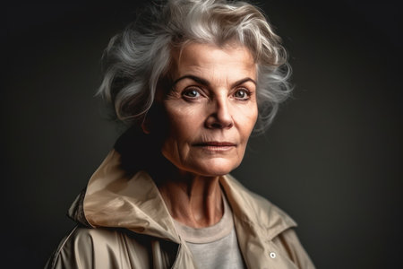 portrait of a beautiful elderly woman in a beige raincoat with classic makeup and gray hairの素材
