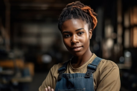 portrait black smart african women worker standing happy smiling in factory industry workplaceの素材
