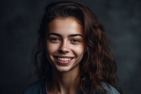 portrait beautiful happy woman in studio with white teeth smiling and standing against grey concreteの素材