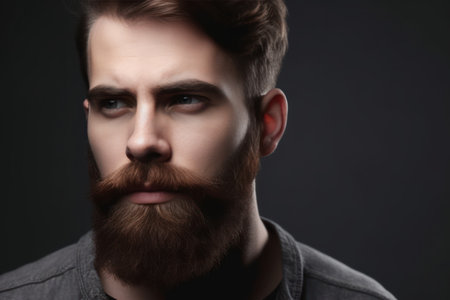 close up of young bearded man standing against grey backgroundの素材