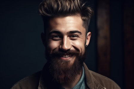 portrait of glad attractive man with trendy hairdo beard and mustache laughs happily at funny storyの素材