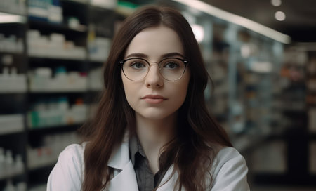 pharmacy portrait of beautiful professional caucasian female pharmacist wearing glasses crosses armsの素材
