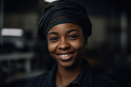 portrait black smart african women worker standing happy smiling in factory industry workplaceの素材