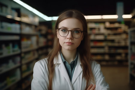 portrait of beautiful professional caucasian female pharmacist wearing glasses crosses armsの素材