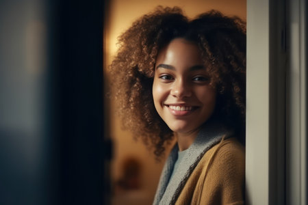 portrait of cheerful young lady standing in doorway of new modern home receiving and greeting visitの素材