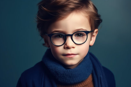 portrait of handsome little boy in glasses look at the camera isolated on blue backgroundの素材