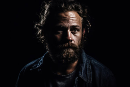 portrait of a bearded man with an intense look standing in a dark room against a black backgroundの素材