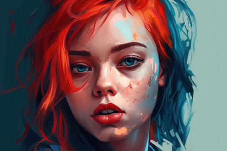 Portrait of a beautiful girl with colored hair, big blue eyes and red lipsの素材