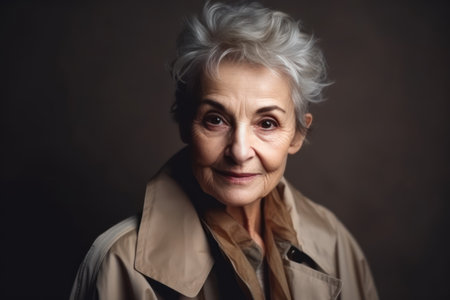 portrait of a beautiful elderly woman in a beige raincoat with classic makeup and gray hairの素材
