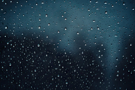 Rain drops on a dark background against a glass surface.の素材
