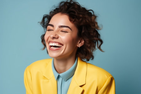 Business woman wearing yellow blazer laughingの素材
