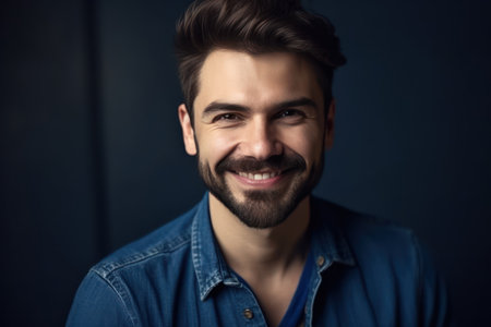 portrait of handsome man in blue shirt with smiling faceの素材