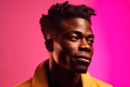 one young happy african handsome man isolated over gradient pink yellow neon backgroundの素材
