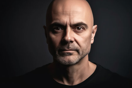 portrait of handsome bald man wearing t shirt against plain backgroundの素材