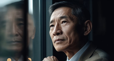 Asian business leader senior manager standing by window thinkingの素材