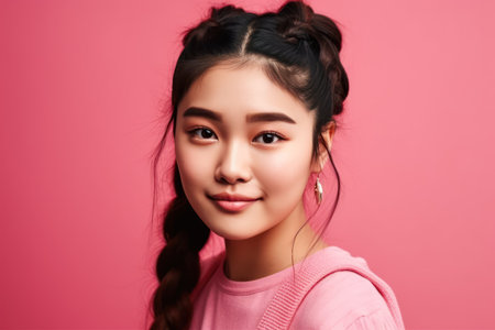 pink background portrait of a young asian woman with pigtailsの素材
