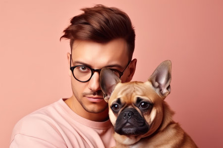 photo portrait man in t shirt glasses embracing brown puppy isolated pastel pink color backgroundの素材
