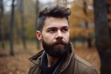 portrait of handsome bearded man in park space for textの素材