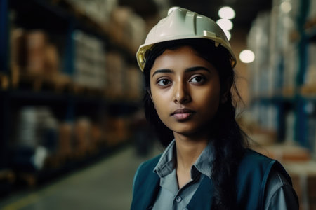 portrait indian woman worker supervisor with engineer safety suit work in large factory warehouseの素材