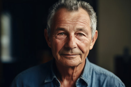 portrait of 60 year old man with grey hair and blue shirt looking at cameraの素材