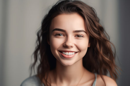 portrait of beautiful naturally brunette woman smiling and looking in camera with white teethの素材