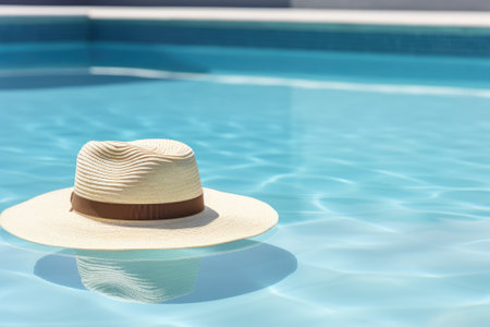 A minimalistic summer vacation backdrop showcases a pair of sunglasses and a straw hat placed on theの素材
