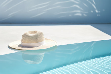 A minimalistic summer vacation backdrop showcases a pair of sunglasses and a straw hat placed on theの素材