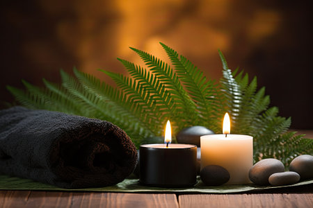 A towel placed on a fern, accompanied by candles and a black hot stone set on a wooden background. Tの素材