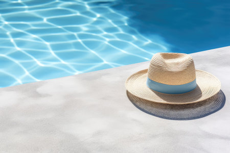 A minimalistic summer vacation backdrop showcases a pair of sunglasses and a straw hat placed on theの素材