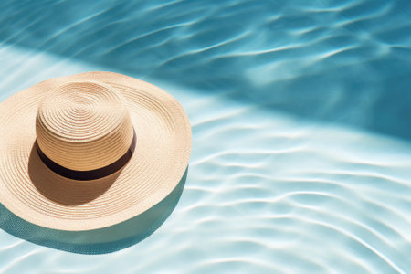 A minimalistic fashion aesthetic summer vacation background where sunglasses and a straw hat are plaの素材