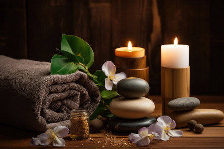 A soothing spa setting is arranged with brown towels, bamboo, and candles for relaxation, massage, aの素材