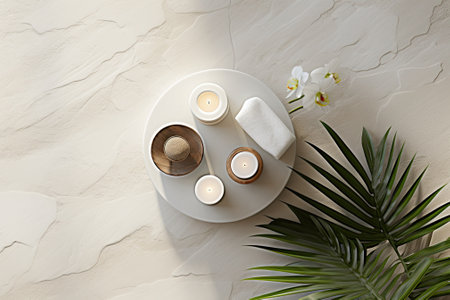 Top view of a serene spa design featuring a white stone background adorned with palm leaves, a delicの素材