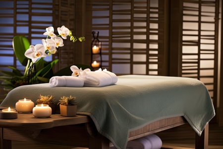 Gorgeous arrangement of a spa setting with a massage table in a wellness center.の素材