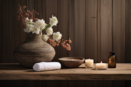 Gorgeous spa arrangement set against a wooden backdropの素材