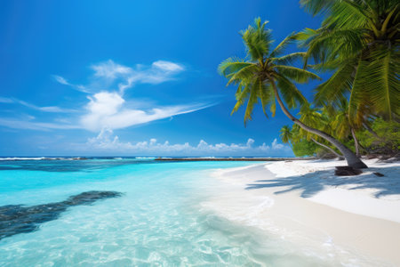 A stunningly beautiful beach in the Maldives, featuring a tropical landscape and the vibrant sceneryの素材
