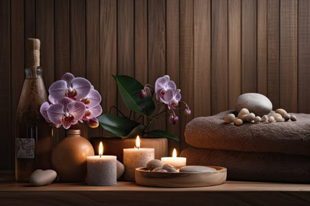 Gorgeous spa arrangement set against a wooden backdropの素材