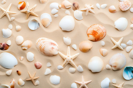 There are many seashells scattered on the pristine, neutral beige sand of a tropical beach. This topの素材