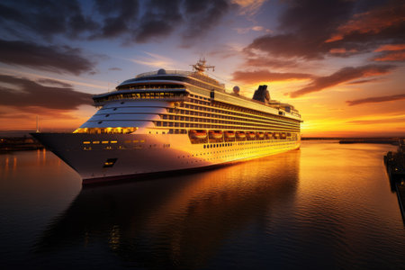 A luxurious cruise ship arriving at port as the sun rises.の素材