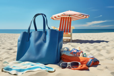 A beach tote containing flip flops, a towel, sunglasses, and sunscreen placed on the sandy beach, leの素材