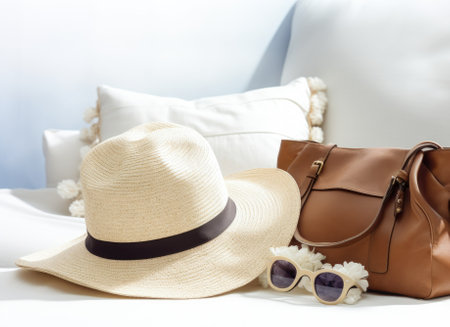 A fashionable ensemble composed of women's sunglasses, a straw hat, a shopper bag, and a vintage-styの素材