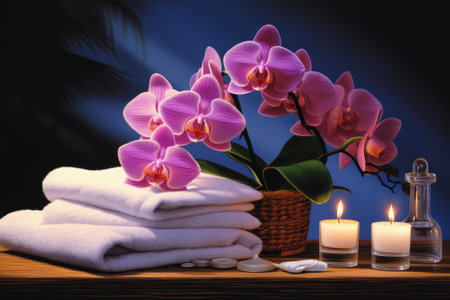 The spa scene showcases scented candles, an orchid blossom, and a towel in a still-life composition.の素材